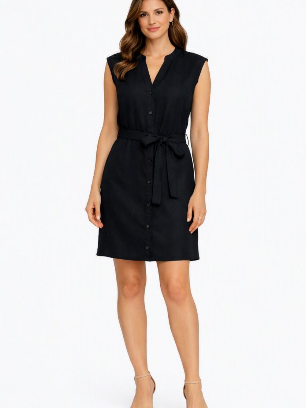 Tahari Dark Navy Sleeveless Belted Dress, Linen Blend